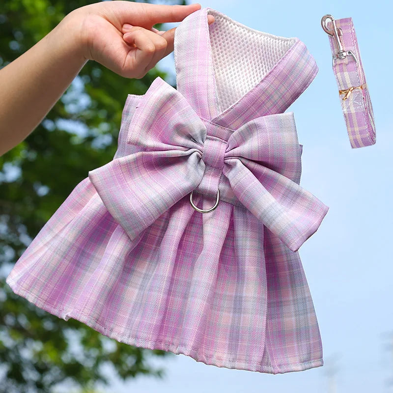 Bow Puppy Cat Dresses Summer Pet Clothes Fashion Plaid JK Dress with Leash Sets for Small Dogs Cats Kitten Clothing ropa gato