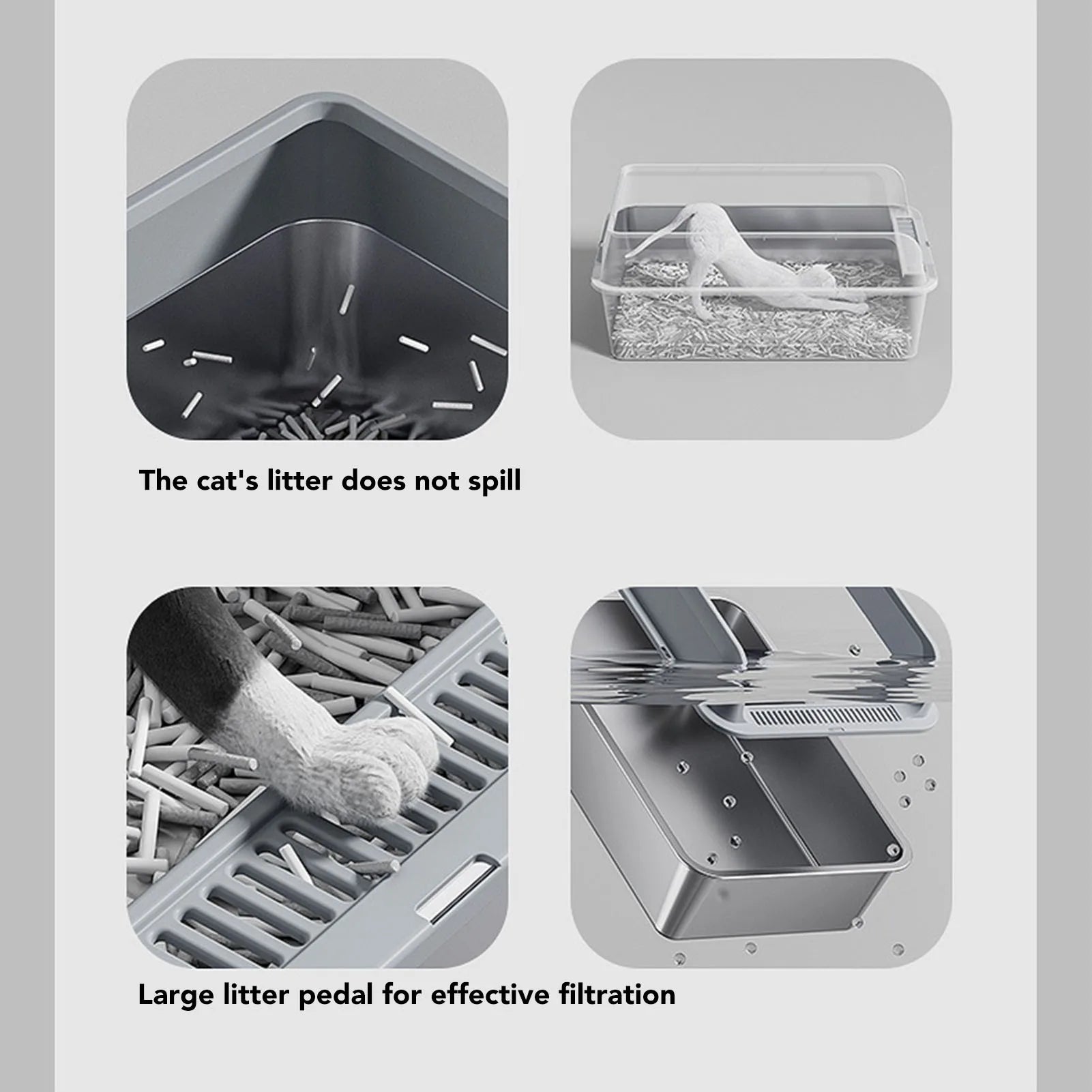 Stainless Steel Litter Box Anti Splashing Odorless Easy to Clean High Sides Semi Enclosed Cat Litter Box with Lid for Large Cats