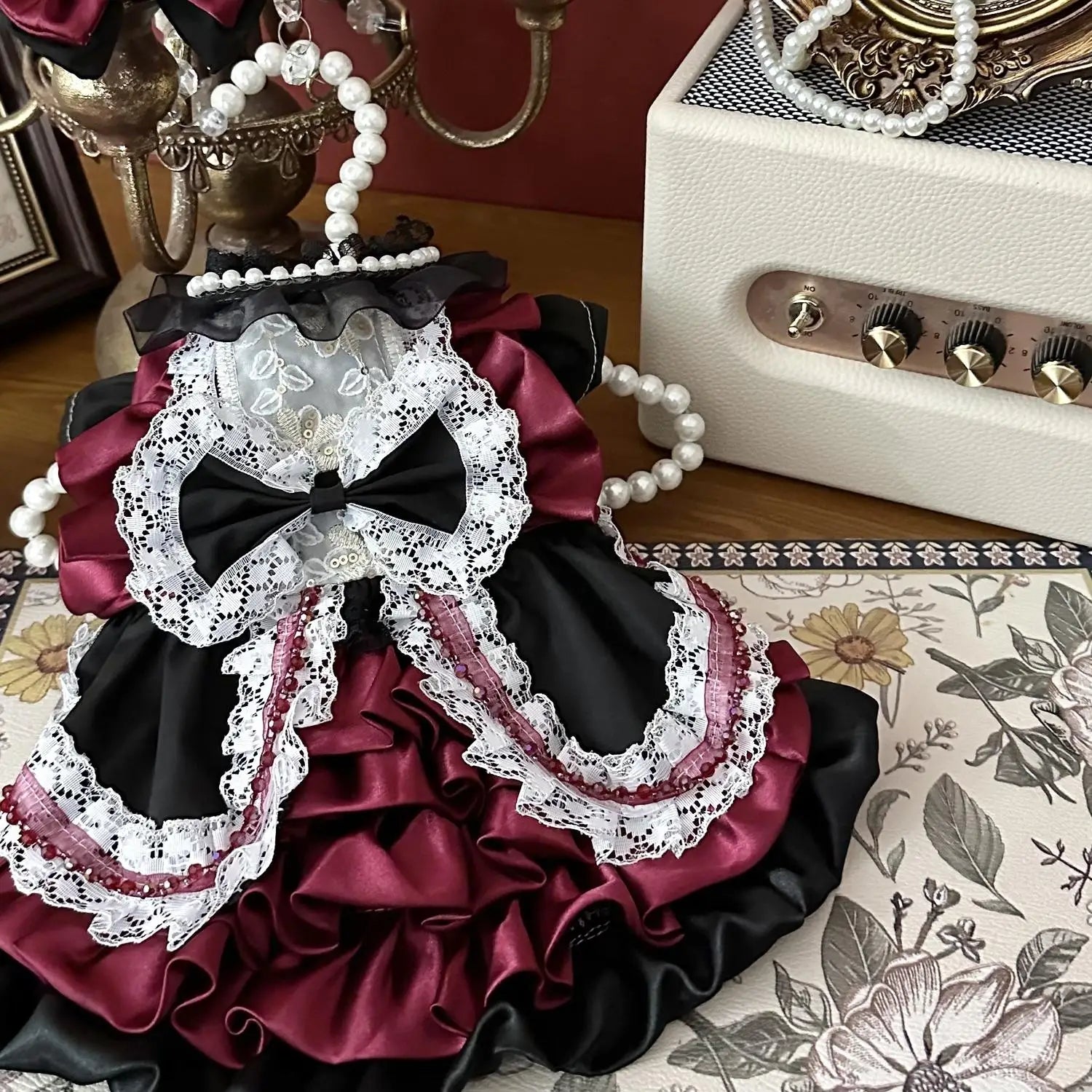 High-end Luxury Deep Red Pet Dog Clothes Fashion Handmade Lace Bow Cake Dresses For Small Medium Dog Party Home Wear Puppy Skirt