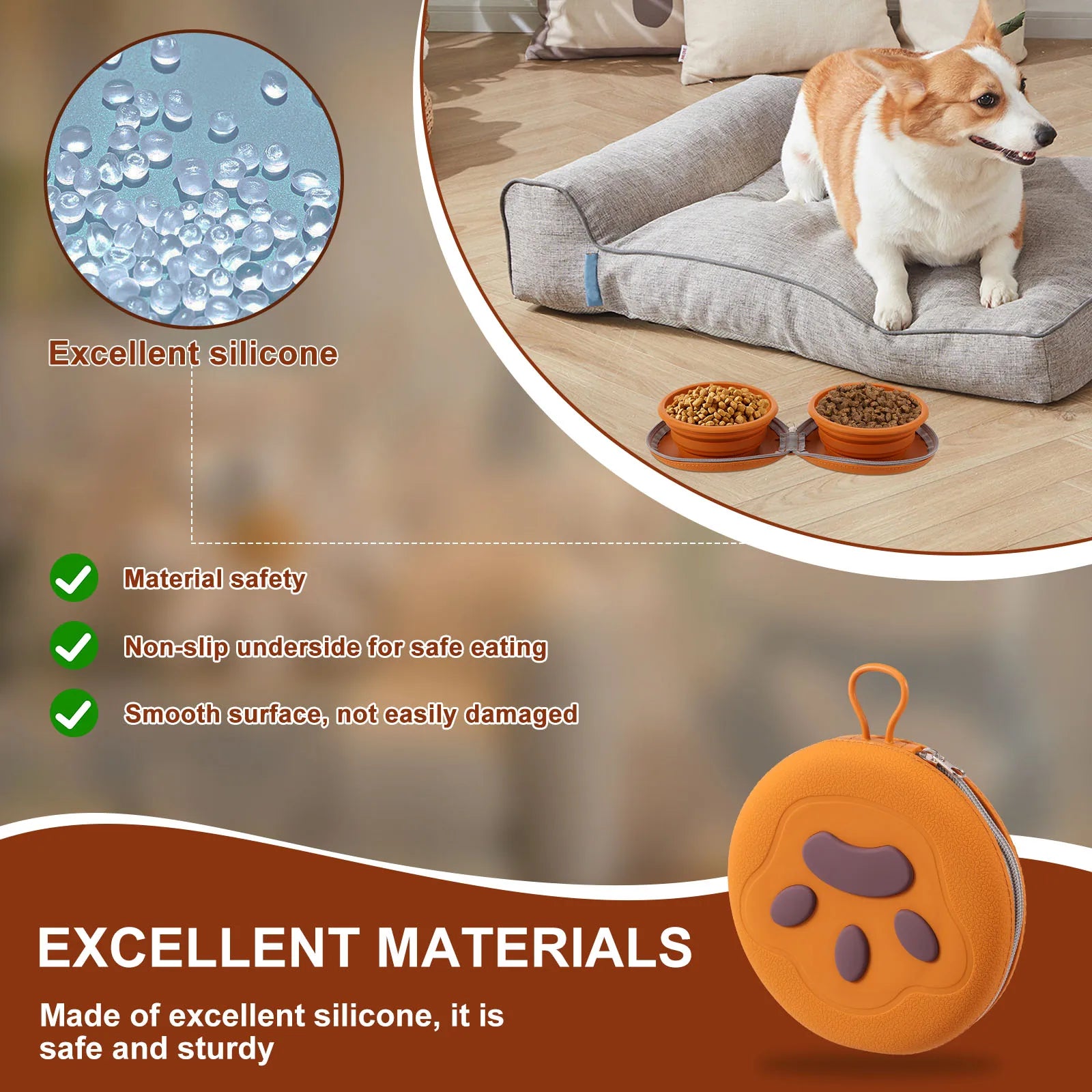 Foldable Pet Bowl Silicone Outdoor Portable Dog Bowl with Zipper Collapsible Cat Double Food Water Bowl for Walk Travel Camping