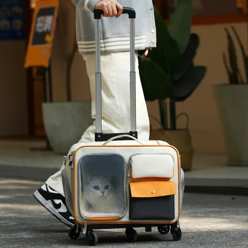Cat Carrier Bag Pet Trolley Case Small Dog Luggage Bags Portable Cat Backpack Pushable Shoulder/portable/diagonal Bag Detachable