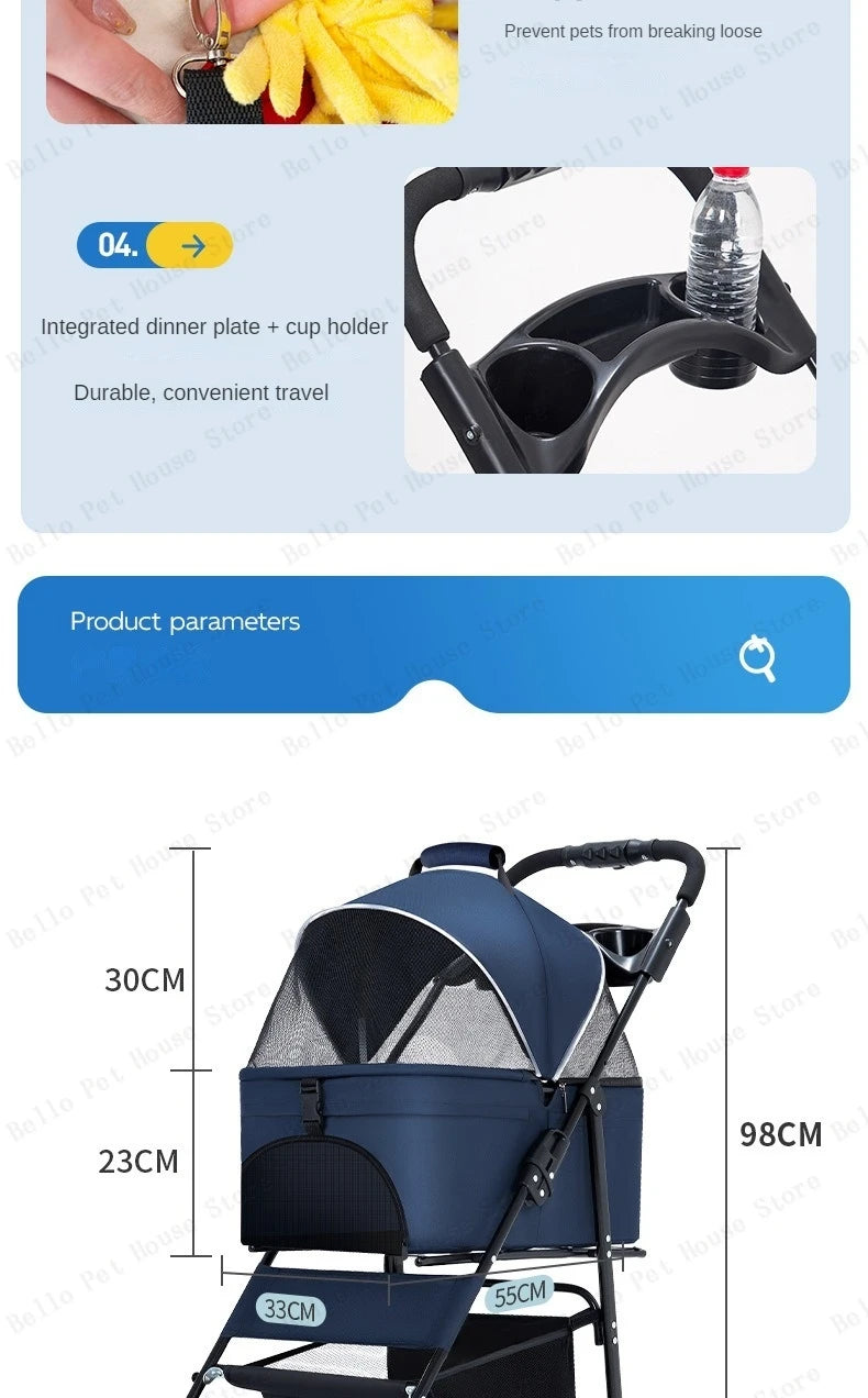 Portable Outdoor Pet Stroller Foldable and Separable Travel Pet Stroller Large Basket Pet Bag Cat and Dog Supplies