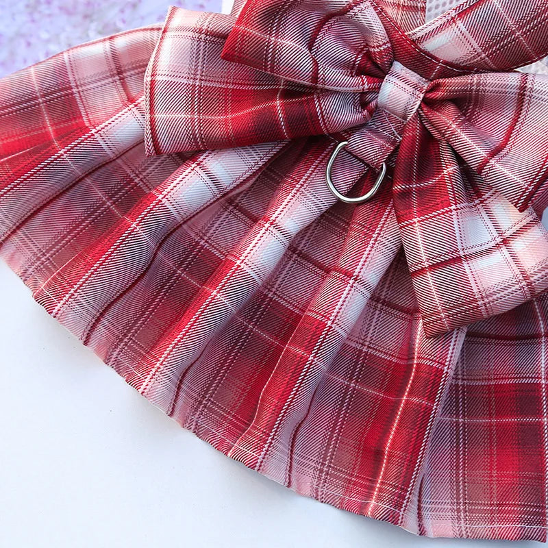 Bow Puppy Cat Dresses Summer Pet Clothes Fashion Plaid JK Dress with Leash Sets for Small Dogs Cats Kitten Clothing ropa gato