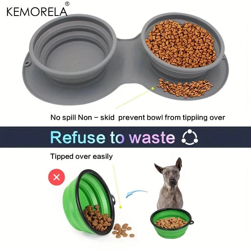 Dog Portable Bowl Outdoor Pet Food Double Bowls Foldable Non-Slip Anti-Choking Slowly Feed Silicone Cat Travel Bowl Pet Supplies