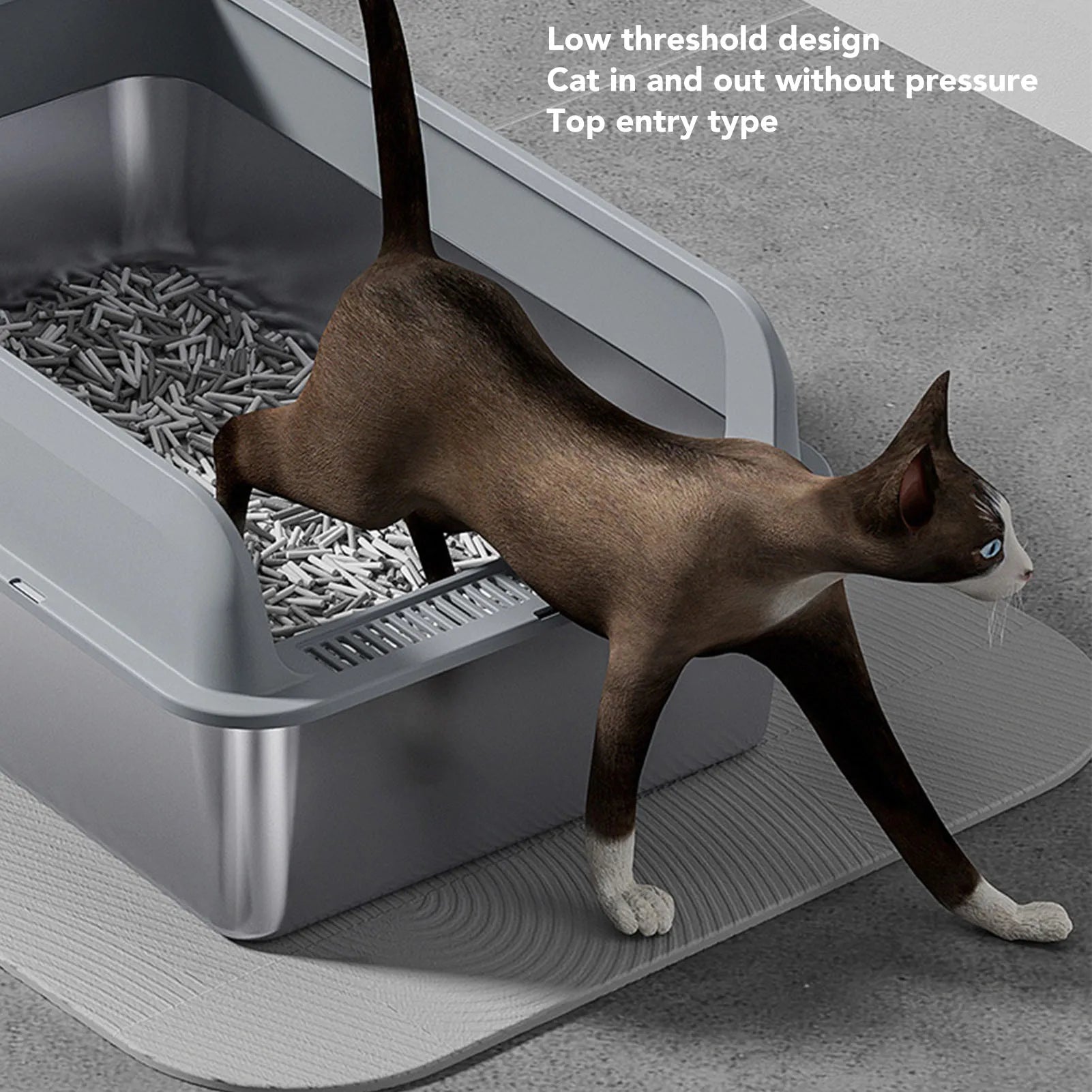 Stainless Steel Litter Box Anti Splashing Odorless Easy to Clean High Sides Semi Enclosed Cat Litter Box with Lid for Large Cats