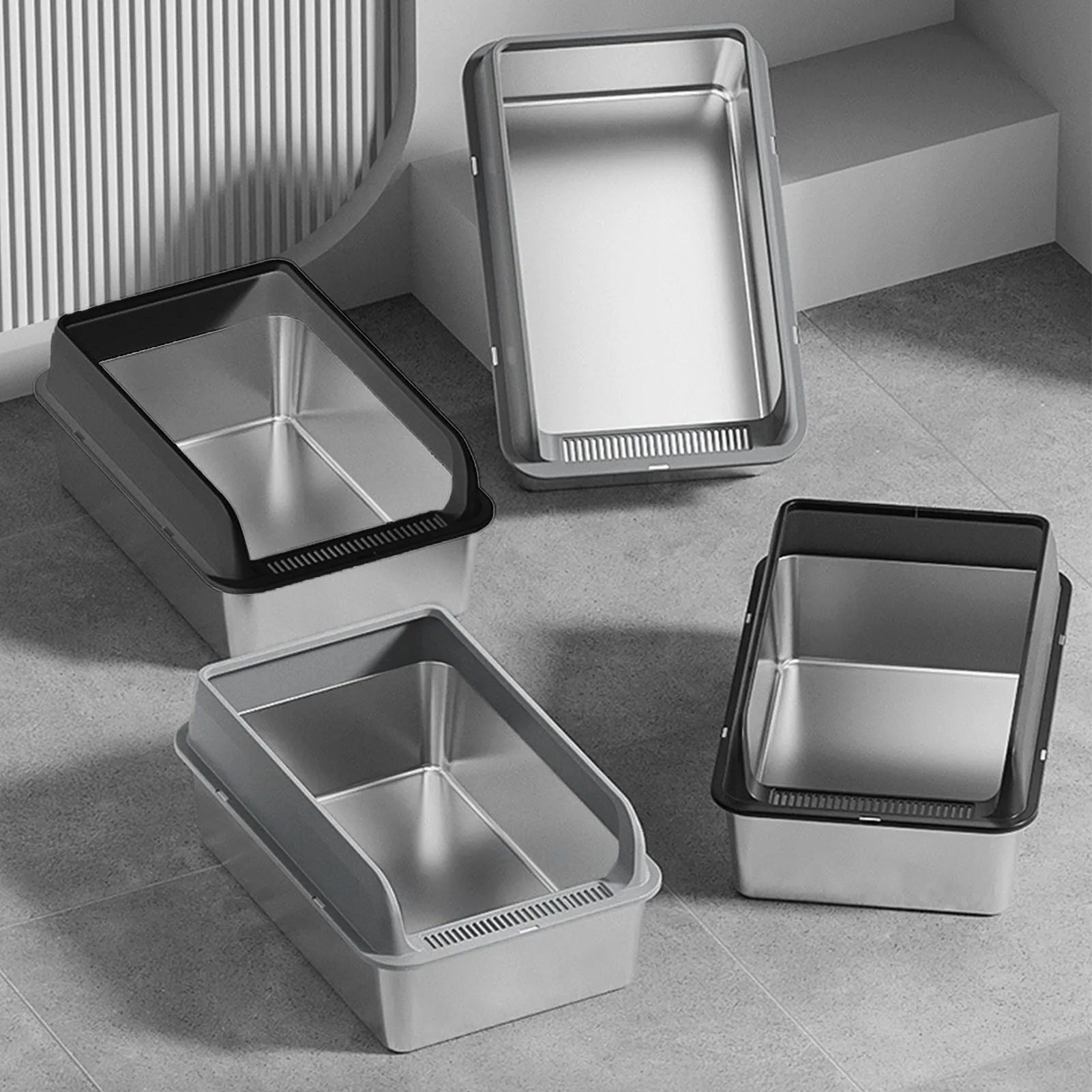 Stainless Steel Litter Box Anti Splashing Odorless Easy to Clean High Sides Semi Enclosed Cat Litter Box with Lid for Large Cats