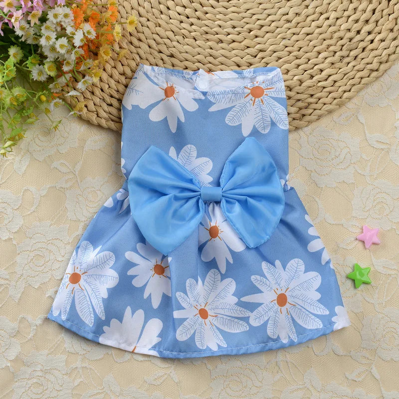 Thin Pet Dress for Dogs Cats - Cute Floral Print Princess Dress with Bow, New Style Puppy Skirt for Teddy Small Pets