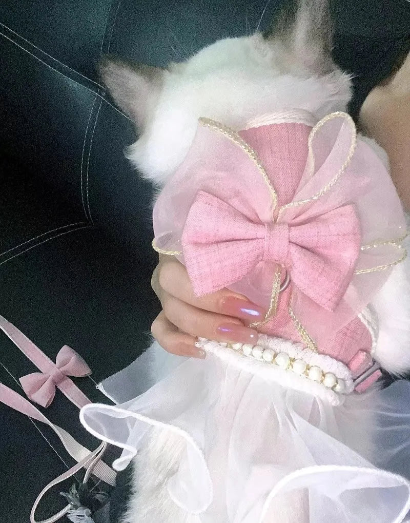 Cute Bowknot Pet Harness Leash Princess Cat Dress Costumes Nylon Kittten Dress Puppy Harness For Rabbit Teddy Cats Clothes