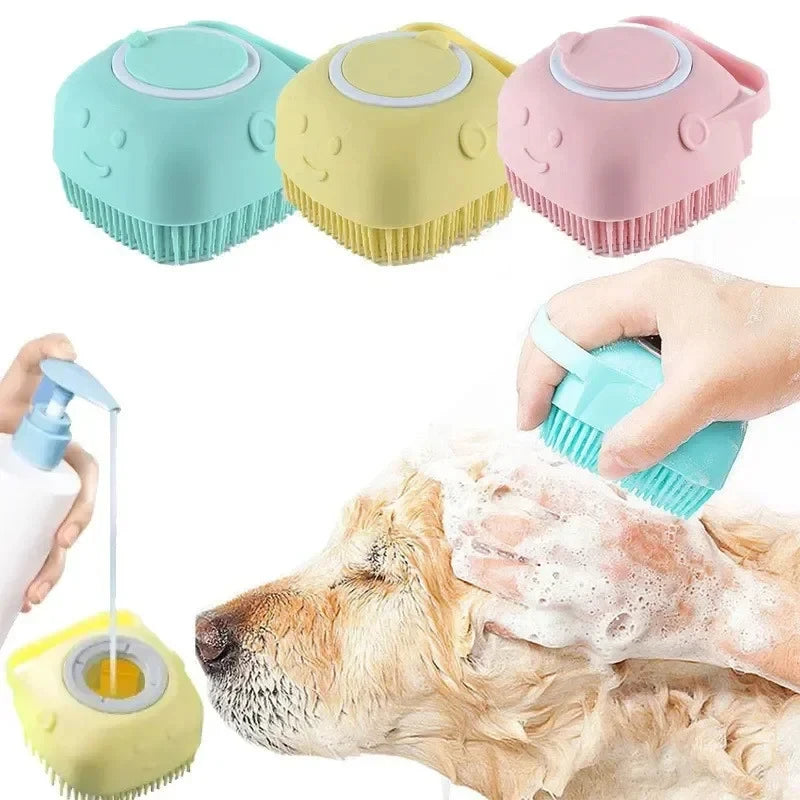 Pet Grooming Bath Massage Brush With Soap And Shampoo Dispenser, Soft Silicone Bristle For Long Short Haired Dogs Cats Shower