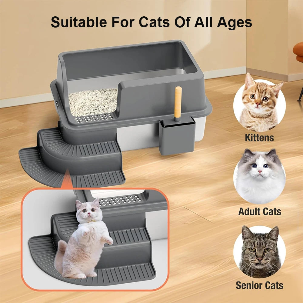 Semi-Enclosed Stainless Steel Cat Litter Box with Lid, Extra Large Cat Litter Box with Cat Shovel (Suitable for Large Cats) XL Metal Litter Box Tray, High Wall Closed on Both Sides, Anti-Stick and Leak-Proof, Easy to Clean -
