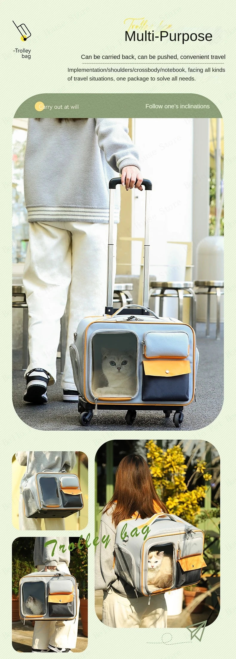 Cat Carrier Bag Pet Trolley Case Small Dog Luggage Bags Portable Cat Backpack Pushable Shoulder/portable/diagonal Bag Detachable