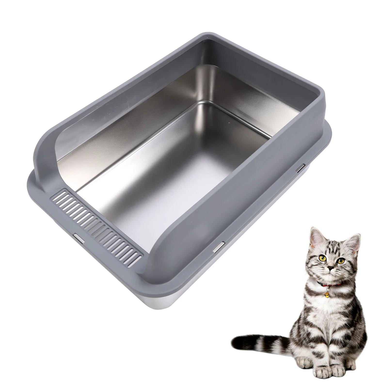Stainless Steel Litter Box Anti Splashing Odorless Easy to Clean High Sides Semi Enclosed Cat Litter Box with Lid for Large Cats