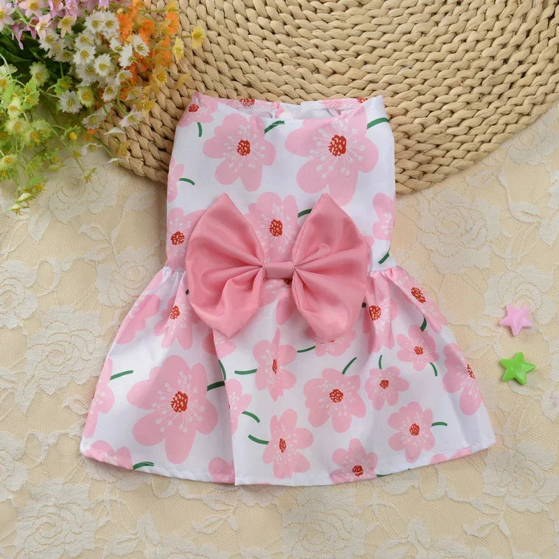 Thin Pet Dress for Dogs Cats - Cute Floral Print Princess Dress with Bow, New Style Puppy Skirt for Teddy Small Pets