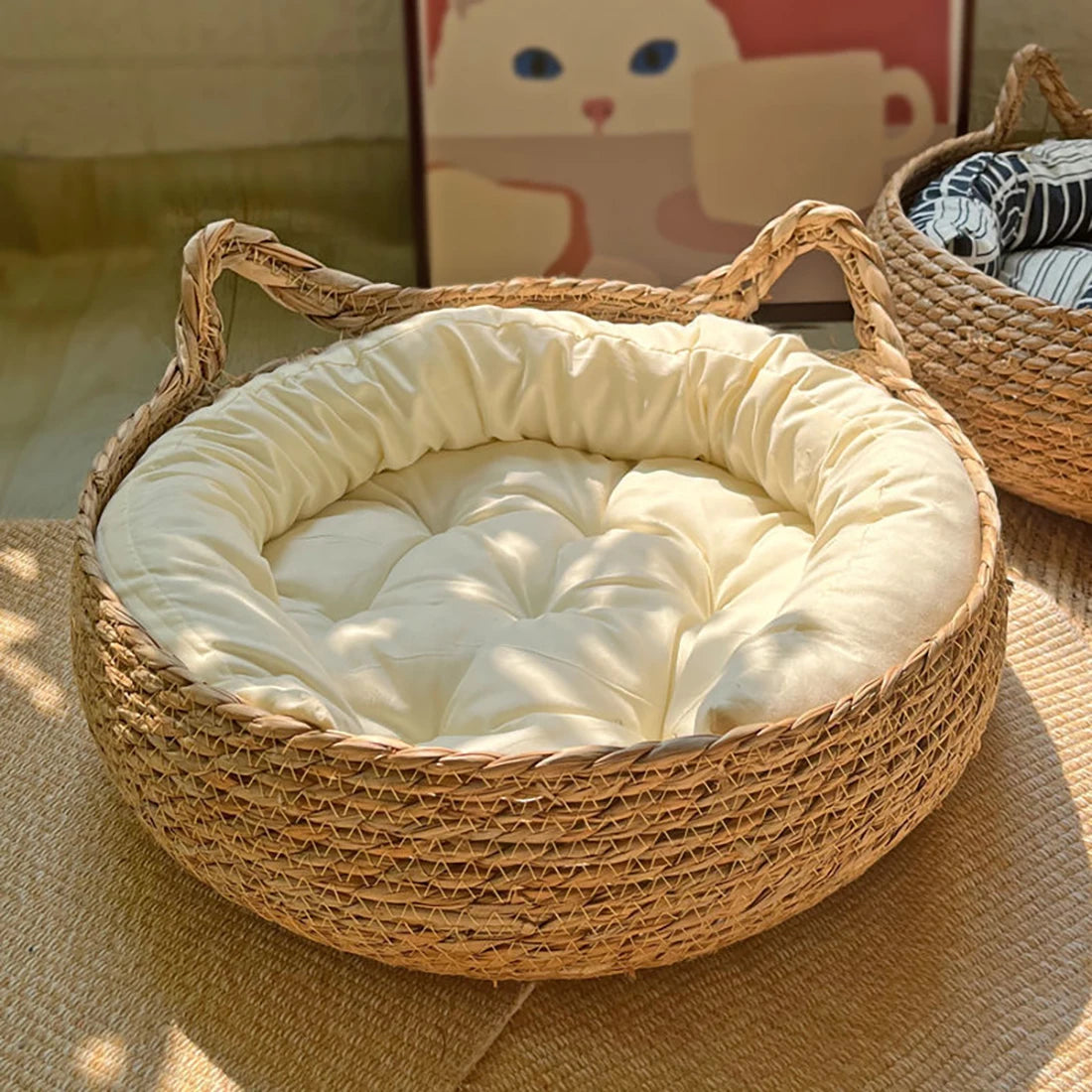 Cat Bed House Dog Kennel Rattan Straw Plaited Kitten Cushion Basket Tent Scratching Board Puppy Cave Nest Mat Indoor Pet Supply