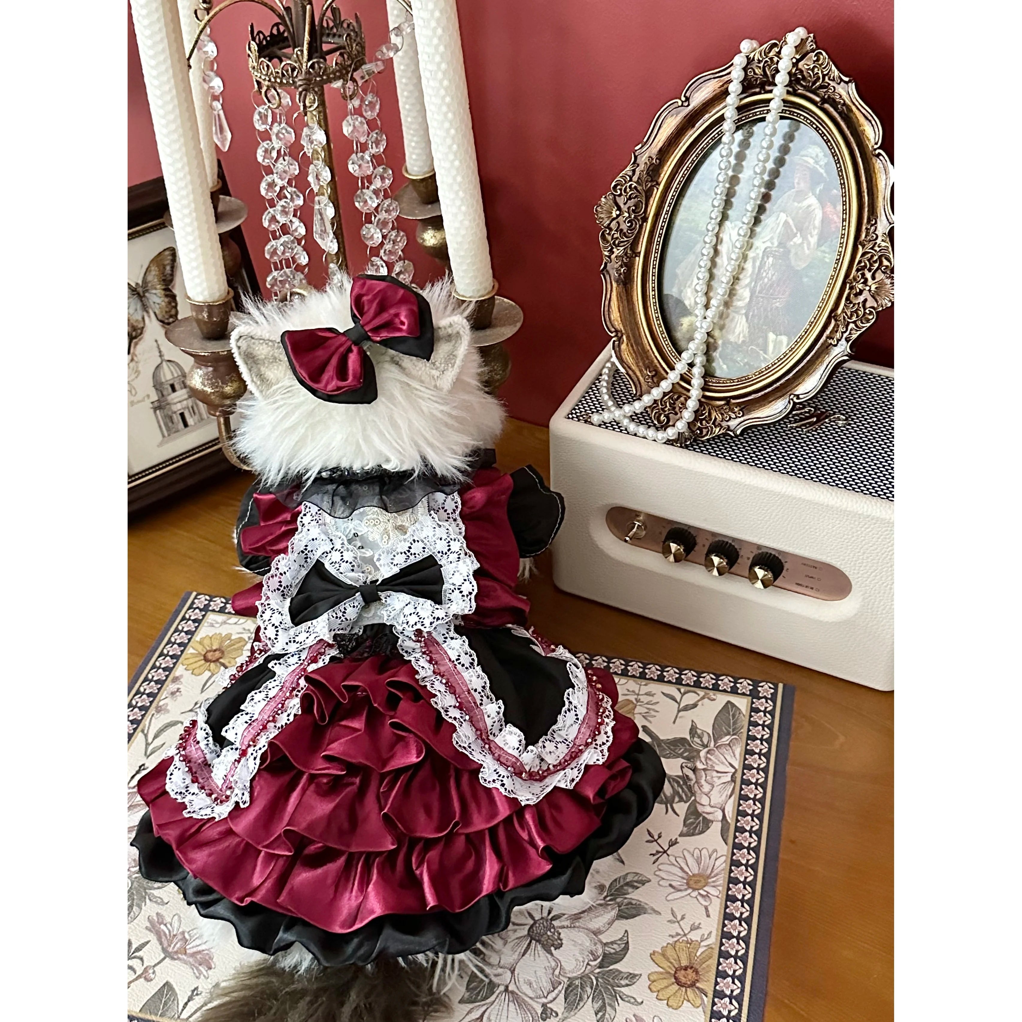 High-end Luxury Deep Red Pet Dog Clothes Fashion Handmade Lace Bow Cake Dresses For Small Medium Dog Party Home Wear Puppy Skirt