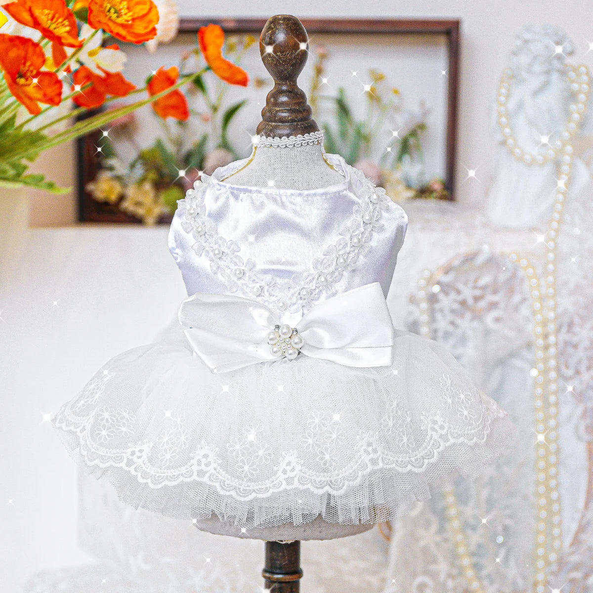Pearlescent Wedding Dress Pet Clothes Dog Cat Anti-hair Loss Summer White Bow Princess Dress
