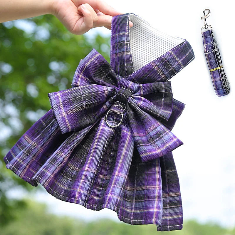 Bow Puppy Cat Dresses Summer Pet Clothes Fashion Plaid JK Dress with Leash Sets for Small Dogs Cats Kitten Clothing ropa gato