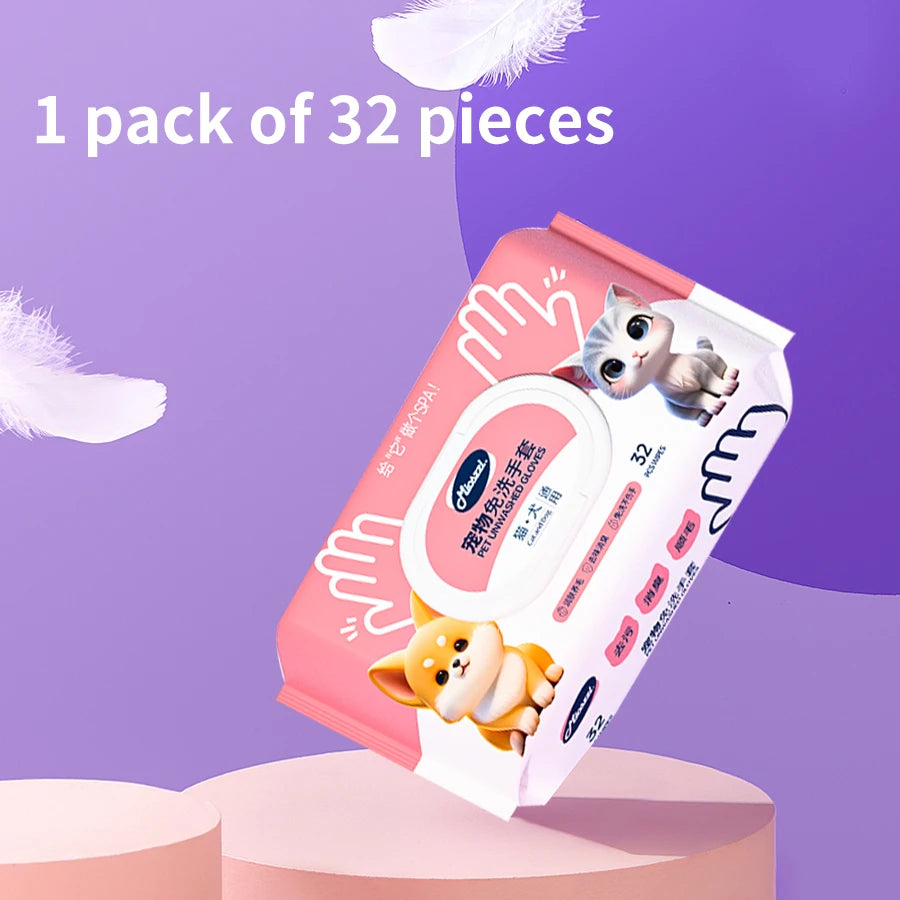 Pet Cleaning Gloves with Wipes 50Pcs ，2-in-1 Scrubber & Massager ，Dog Cat Grooming