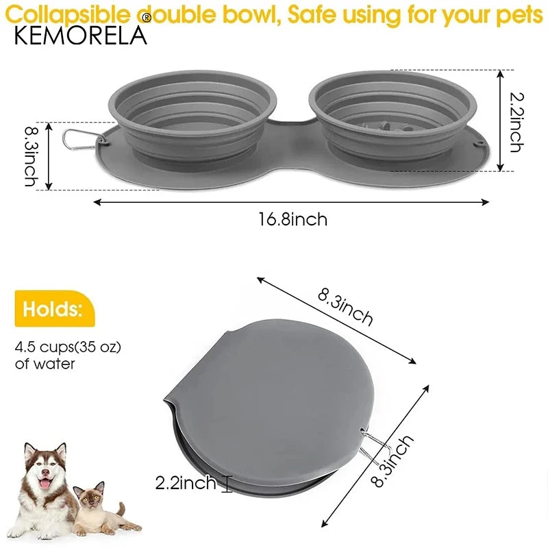 Dog Portable Bowl Outdoor Pet Food Double Bowls Foldable Non-Slip Anti-Choking Slowly Feed Silicone Cat Travel Bowl Pet Supplies